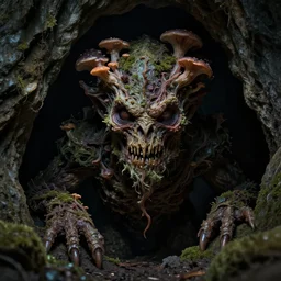 full frontal view, a face peeking out of a dark cave, a extremely scary horror photograph of a fantasy creature made out of nature and fungus, intricate, hyperrealism, sharp focus, cinematography, highly detailed, octane render, horror cgi 4 k, matte, photograph by professional photographer