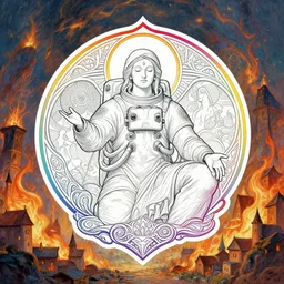a detailed logo outline of an astronaut spiritualist sage with a rainbow colored outline, intricate, elegant, illustration, digital painting, burning village in the background, 8 k, fine detail, art by greg rutkowski, frank frazetta, jack kirby, albert aublet, frank herbert, and alphonse mucha