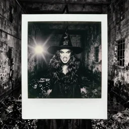 an anamorphic angry witch in an old abandoned prison with toxic waste all around and black water, blair witch, black and white 1 9 5 0 polaroid photography with flash light, grainy film, flash light,