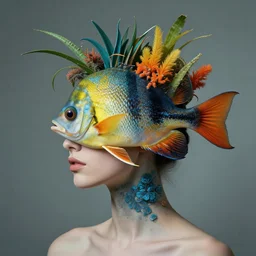 female head made of tropical fish, surreal photography by Man Ray