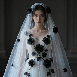 hight focus of a wonderful realistic focused sweet wonderful symmetrical centered mid portrait of a beautiful lonely woman with a detailed wonderful, majestic, large semi transparent white cotton dress ornate with semi transparent black cotton roses and semi transparent white veils, dramatic light, octane render, - 8 k