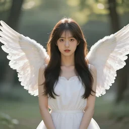 centered  waist up portrait photography an angel +  bokeh + DOF + 8k, photorealistic