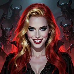 in the style of Rafael Albuquerque comicbook cover art, beautiful scary female vampire, Jennifer Connelly single woman, glowing red and gold hair, smiling, sharp teeth, clear clean face, two perfect eyes, perfect eyes perfect symmetrical eyes, symmetrical face, sarcastic pose, surrounded by various kinds of demons, dark and smoky background