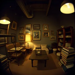 kodak portra 4 0 0, wetplate, 8 mm extreme fisheye, award - winning portrait by britt marling in a 1 9 9 0 s room, fireflies, picture frames, shining lamps, dust, 1 9 6 0 s industrial furniture, concrete, carpet, books, muted colours