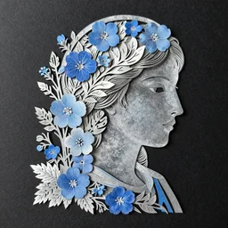 silhouette in shape of woman face, goddess of greek mythology, orthodox saint, beautiful raking sunlight, nemophila flowers. amalgamation of leaves and flowers. balenciaga, intricate complexity. black matte paper, cut paper texture. coarse gritby. by Jeffrey Catherine Jones, James jean, Miho Hirano, Hayao Miyazaki. cel shading. Full of light-blue and silver and white layers. Exquisite detail 8K