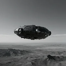 a mysterious black satellite probe flying over a grey wasteland, hyper realistic, fine detail, trending on art station, cinematic, horizon, sci - fi, bleak, grey, mountains