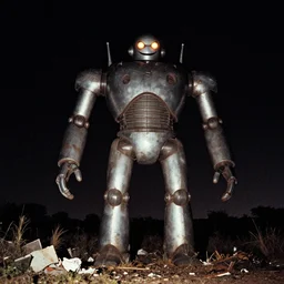 giant robot at night with eyes smiling, grainy, vintage, stark light, dramatic lighting, evil smile, countryside at night, trash on the ground, night sky, scary, evil