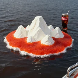 an island made of red caviar, in the center of the island of caviar there are mountains made of white ice cream, the water around this island is made of coca - cola ( dark brown water ), the photo was taken from a boat, 3 5 mm, cinematic