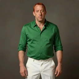 vin diesel with ginger hair, wearing green shirt and white trousers, 4 k, hyper realistic, natural, highly detailed, digital illustration, trending in artstation, classical painting, smooth, sharp focus art by ilya repin