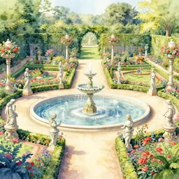 a hiper intricate watercolor of a beatiful garden with sculptures and fountain, extremely detailed, sharp focus, elegant, wide view, smooth, digital illustration, colorfull, by william turner art, by greg rutowski