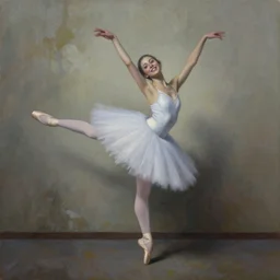 photorealistic painting : ballerina dancing in front an dirty wall by craig mullins, oil on canvas, melancholic setting with interesting composition, realistic human with happy expression
