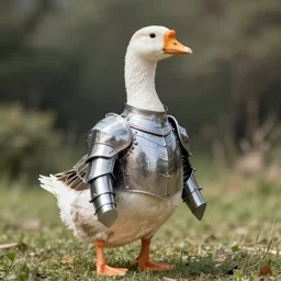 photo of a goose wearing knight armor