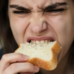 closeup headshot photo of the person who hates bread and is eating bread angrily, extreme details, Nikon D850, f/3.5, ISO 100