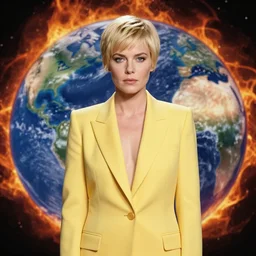 a portrait photograph of a young ayn rand with short blonde hair and penetrating eyes wearing a tailored yellow suit standing against a backdrop of the planet earth on fire. in the style of annie leibowitz,