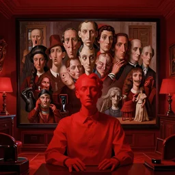 only with red, one red man with a ten of heads with different personalities and expressions, luxury room with monitor, in the style of beksinski, parts by edward hopper, parts by rodcenko, parts by yue minjun, intricate composition by bosch, red by caravaggio, insanely quality, highly detailed, masterpiece, red light, artstation, 4 k
