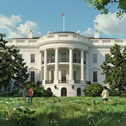 the white house in washington dc, megascan concrete texture building, cinematic composition, jaime jasso, craig mullins, wide angle, in the style of hayao miyazaki + brian froud + kim jung gi, studio ghibli, beautiful high detail enhanced 8 k render