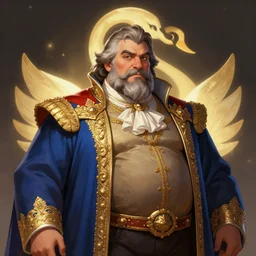 centered detailed long shot character concept of a distinguished heavy set gentleman with a salt and pepper goatee, realistic character concept, vibrant colours, elegant pose, fantasy, illustration, face and body, artstation, cinematic lighting, hyperdetailed, cgsociety, 8k Resolution, high resolution, Charlie Bowater, Tom Bagshaw, Tom Richmond, insanely detailed and intricate, beautiful, elegant, golden ratio, royal swan insignia in background