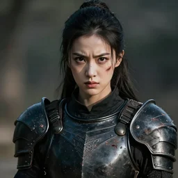 photorealistic  photograph of a beautiful young woman wearing black armor, large angry eyes, battle damaged, cinematic, 200mm prime lens