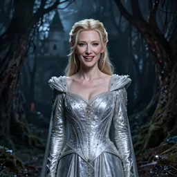 portrait of mischievous, dangerous Cate Blanchett's Galadriel as a queen of elves, dressed in a elegant silvery dress. The background is a dark, creepy eastern europen forrest.  night, horroristic shadows, high contrasts, lumnious, theatrical, character concept art by ruan jia, thomas kinkade, and J.Dickenson, trending on Artstation