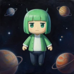 hyperdetailed portrait of jade from homestuck floating in space between stars and planets, hyperrealism, detailed, oil painting