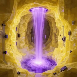 liquid nitrogen with purple water-cooling coolant flowing through latent representations of yellow ice caverns by centrifugal forces, computer circuitry sticking out the walls!!!!, high detail, high contrast!, low-poly elements!!!, trending on artstation, octane render, subsurface scattering, ray-tracing, 4k