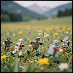 kodak portra 4 0 0, wetplate, action photography, 1 9 2 0 s, long shot, macro photo of an colourful tin toy robots running very fast across a beautiful flower meadow in the bavarian alps, motion blur, tiny gaussian blur, depth of field