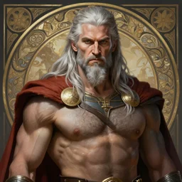 painted portrait of rugged odin, god of war, old viking, norse god, white hair, masculine, mature, handsome, upper body, grey and silver, muscular, hairy torso, fantasy, intricate, muscular, elegant, highly detailed, digital painting, artstation, concept art, smooth, sharp focus, illustration, art by gaston bussiere and alphonse mucha