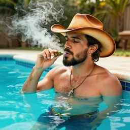 a cowboy smokin weed, in a swimming pool, hdr