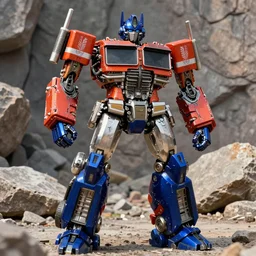 dynamic character portrait of chromed optimal optimus from beast wars in robot mode standing in a rock quarry, rock quarry location, daytime, beast wars, beast wars, transmetal, transmetal ii, orange and blue color scheme, chromed metal, metallic chrome paint, metallic chrome, metallic paint, chromed plastic, transformers cartoon, transformers beast wars