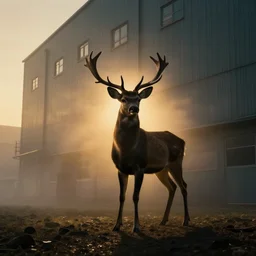 a cinematic dark shadow of a majestic but small deer standing outside a very large industrial building with small windows, golden light, thick mist, backlit, insane details, hyperrealistic photo by jimmy nelson, trending on artstation