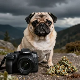 pug smoking weed, photo realistic, dslr camera