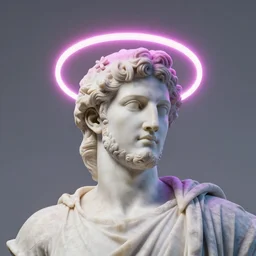 a neon ring around the head of a greek god marble statue, 3 d render