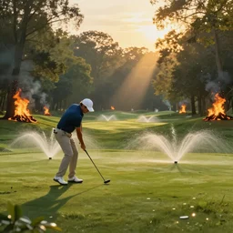 close-up of an athletic golf player in a lush golf course with automatic watering, magical lights, golden hour, surrounded by burning forests, smoke from the fire, digital painting, 4k, forest ray light, particles light, by sasha kalinkin, Noah Bradley, ilya kuvshinov