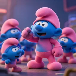 pink zombie smurf attacks a cartoon, hyper realism, cinematic, high detail, 8k, octane render, depth of field