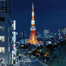 tokyo with blue neon lights at midnight, professional ukiyo - e painting,