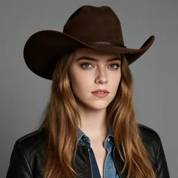 anya taylor joy with a cowboy hat, studio portrait