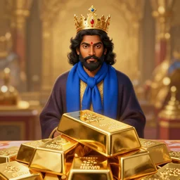 king shibu wearing a blue ascot standing over a table of gold bars, intricate artwork by artgerm, greg rutkowski, and kilian eng, digital illustration, hyper detailed, super sharp, crisp, smooth, vibrant colors smooth gradients, depth of field, aperture f 1. 2