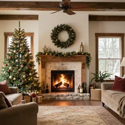 rustic living room christmas fireplace and christmas tree