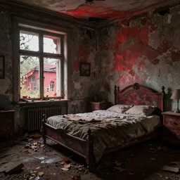ruined, abandoned polish mansion bedroom, seen from inside. Diffused, red light falls through the broken windows. Dirt, leaves on ground. Unreal Engine. Substance painter. Zbrush. Trending on artstation. 8K. Highly detailed.