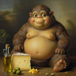 obese creature looking into camera, by fernando botero, cheese, oliven oil, grease, food, intricate details, happy