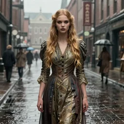 a gorgeous woman with long light-blonde hair wearing a long dress, standing in the rain street of arkham town, 1920, lovecraft horror, highly detailed, digital painting, artstation, sharp focus, illustration, art by artgerm and alphonse mucha