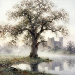 watercolor painting of oak tree in foggy spring, cold morning, castle ruins, reflections and refraction, mythological art by hans gude, romance art by hans dahl, by jesper ejsing, art by anders zorn, wonderful masterpiece by greg rutkowski, cinematic light, american romanticism by greg manchess, creation by tyler edlin