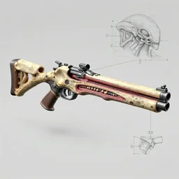 a 1 7 0 0 s bestiary of a unique biomechanical living alien gun with a surgical cross section showing bone and a thin layer of pale skin, detailed descriptions pointing to parts, 3 d sketch, number measurements, colored, detailed