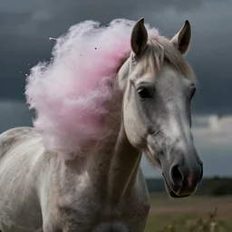 a dramatic photo of a horse with cotton candy hair. paint splashes. moody and melancholy.