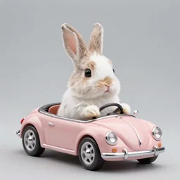 a cute bunny driving miniture convertible, studio photo, high quality
