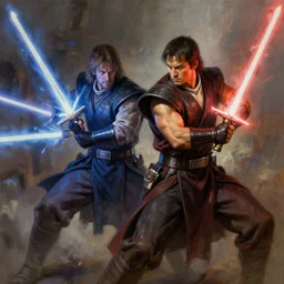 obiwan fighting anakin with lightsabers digital art painting