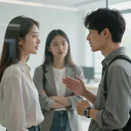 an ai talking to a couple of humans through a glass