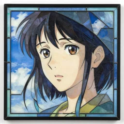a painting of a woman's face with a sky background, a comic book panel by makoto shinkai, featured on pixiv, crystal cubism, stained glass, made of glass, official art