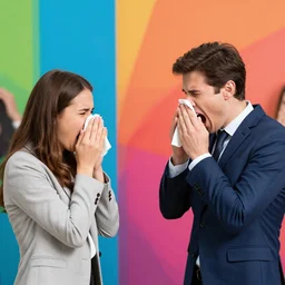 well dressed people sneezing toward each other, high resolution photograph, brightly colored demonstration