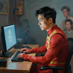 an insanely detailed painting of an asian man wearing a homemade superhero costume, sitting at a desk, staring seriously at the computer and typing, in the style of peter mohrbacher, james jean, artgerm, dramatic lighting and composition, surreal background, octane render, pixar, trending on artstation, concept art, comic book, view from behind, 8 k